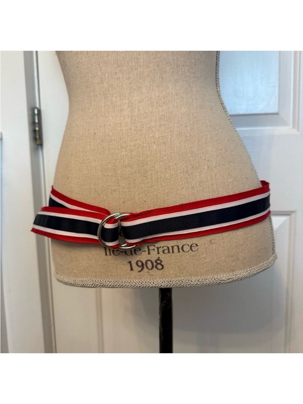 ELIZA B BELT RED WHITE BLUE GROSGRAIN RIBBON SILVER D RINGS USA HANDMADE SIZE M